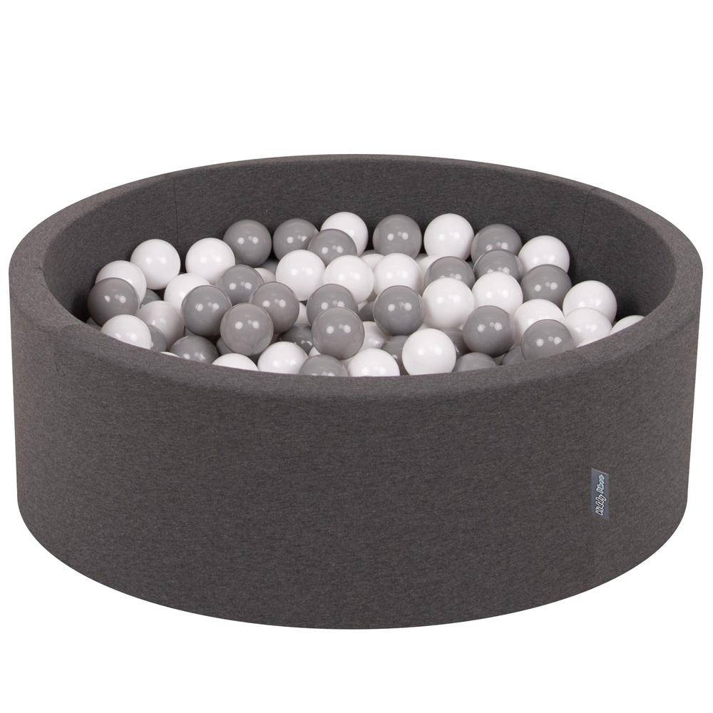 KiddyMoon Baby Foam Ball Pit with Balls ∅ 7cm / 2.75in Made in EU, dark grey:white/grey, 90x30cm/200 balls