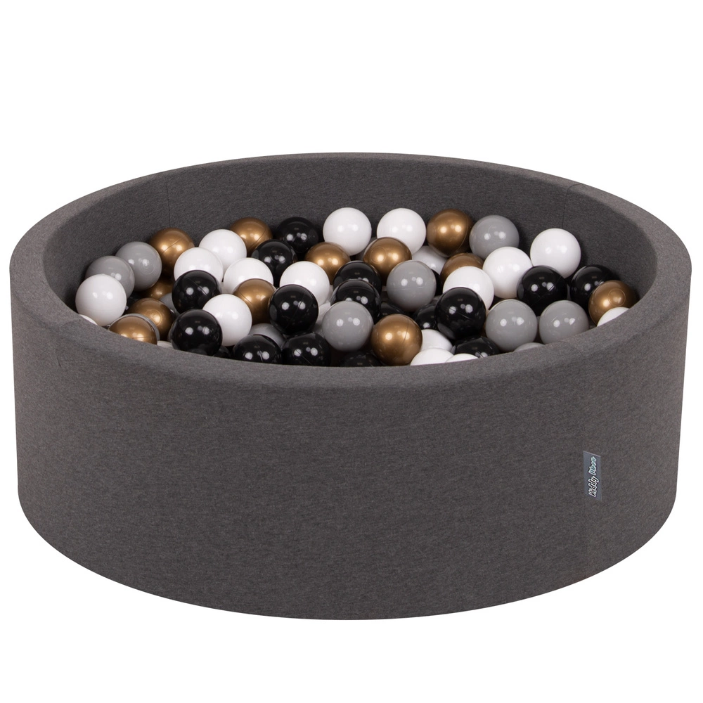 KiddyMoon Baby Foam Ball Pit with Balls ∅ 7cm / 2.75in Made in EU, dark grey:white/grey/black/gold, 90x30cm/200 balls