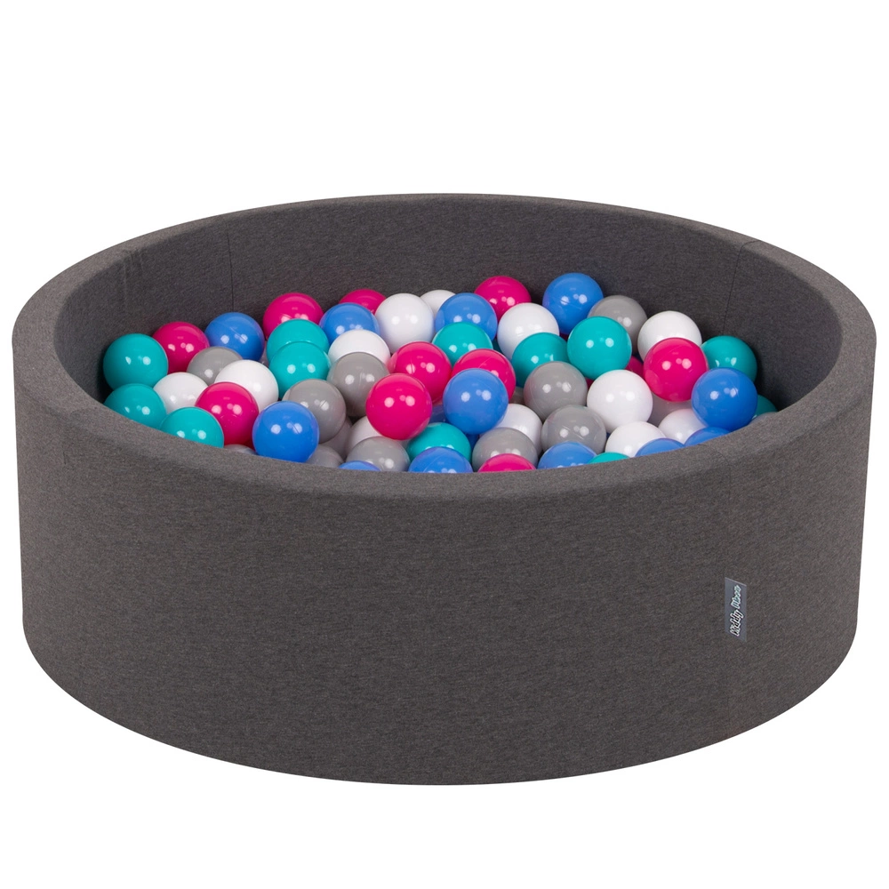 KiddyMoon Baby Foam Ball Pit with Balls ∅ 7cm / 2.75in Made in EU, dark grey:white/grey/blue/d pink/lt turquoise, 90x30cm/200 balls