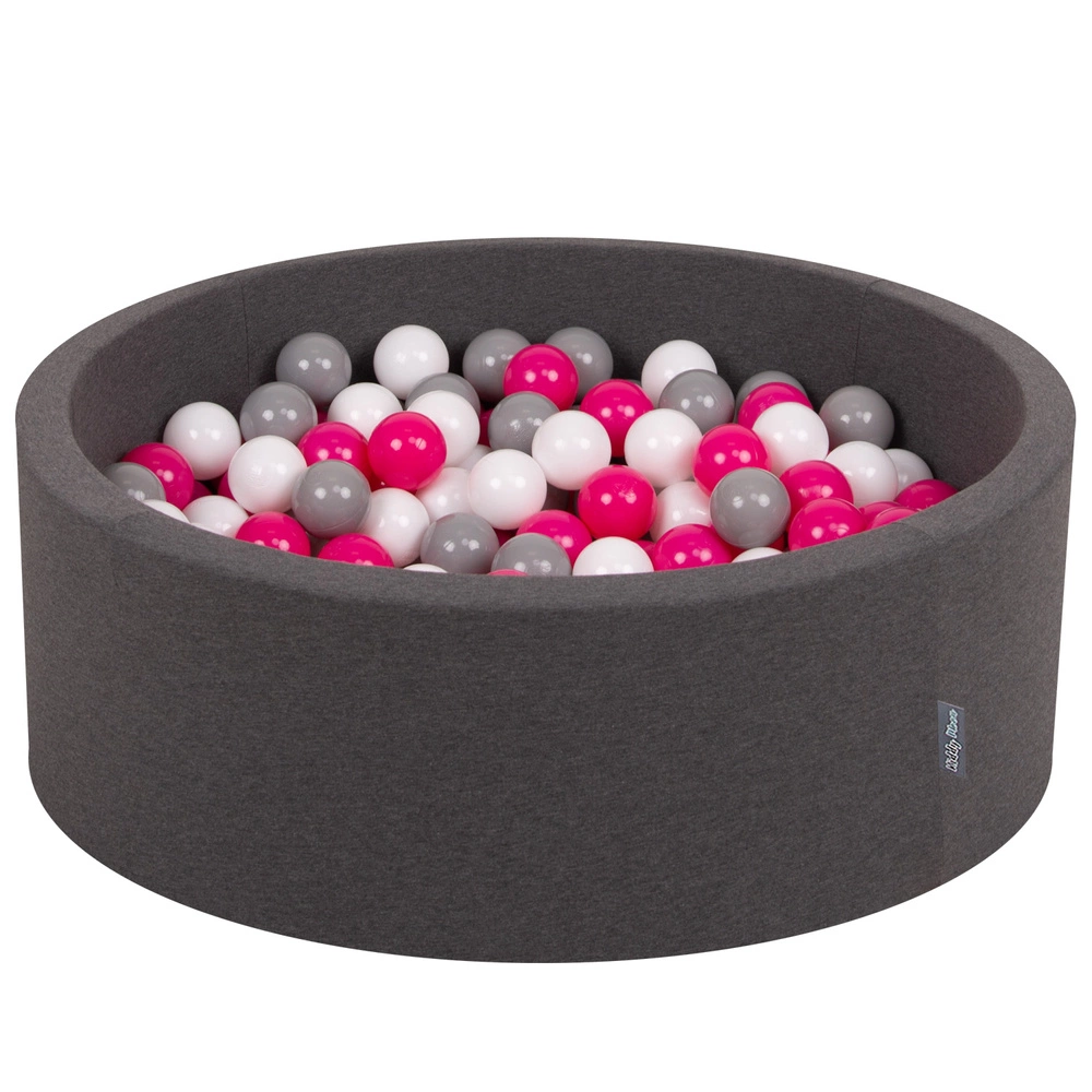 KiddyMoon Baby Foam Ball Pit with Balls ∅ 7cm / 2.75in Made in EU, dark grey:white/grey/dark pink, 90x30cm/200 balls