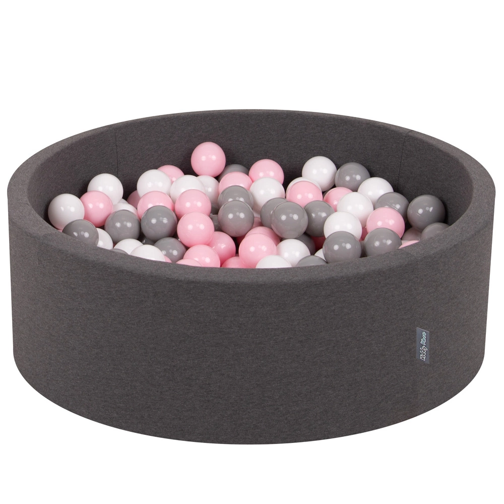 KiddyMoon Baby Foam Ball Pit with Balls ∅ 7cm / 2.75in Made in EU, dark grey:white/grey/light pink, 90x30cm/300 balls