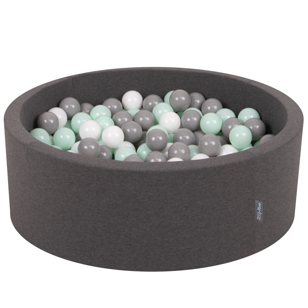 KiddyMoon Baby Foam Ball Pit with Balls ∅ 7cm / 2.75in Made in EU, dark grey:white/grey/mint, 90x30cm/200 balls