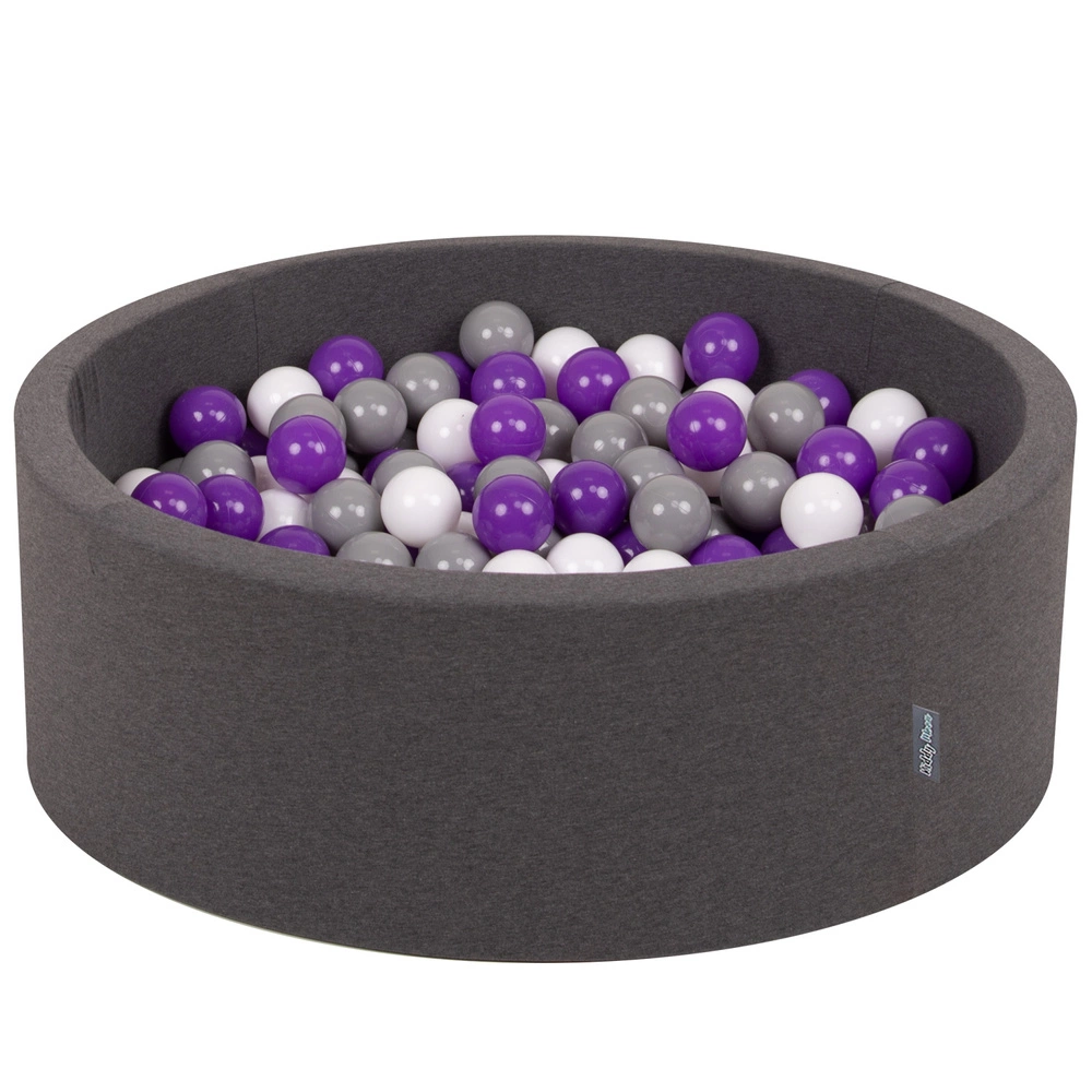 KiddyMoon Baby Foam Ball Pit with Balls ∅ 7cm / 2.75in Made in EU, dark grey:white/grey/purple, 90x30cm/200 balls
