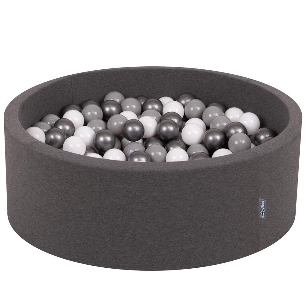 KiddyMoon Baby Foam Ball Pit with Balls ∅ 7cm / 2.75in Made in EU, dark grey:white/grey/silver, 90x30cm/200 balls