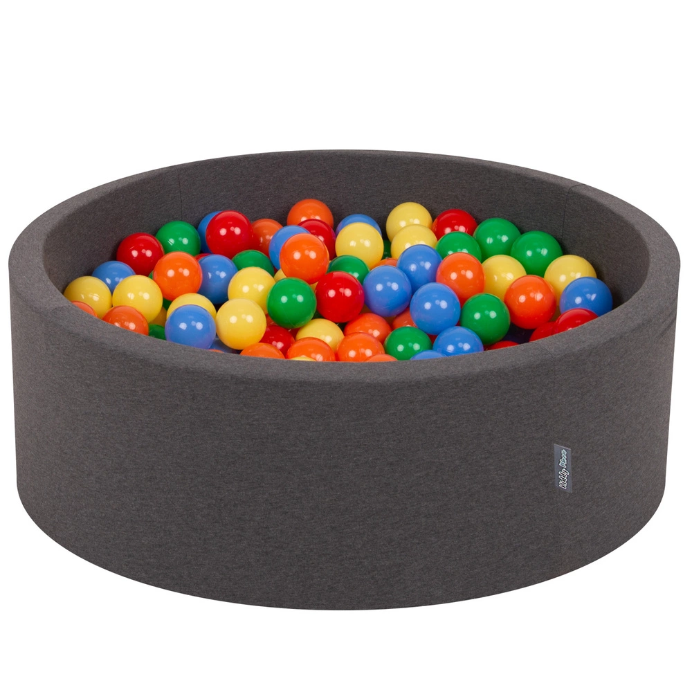 KiddyMoon Baby Foam Ball Pit with Balls ∅ 7cm / 2.75in Made in EU, dark grey:yellow/green/blue/red/orange, 90x30cm/200 balls