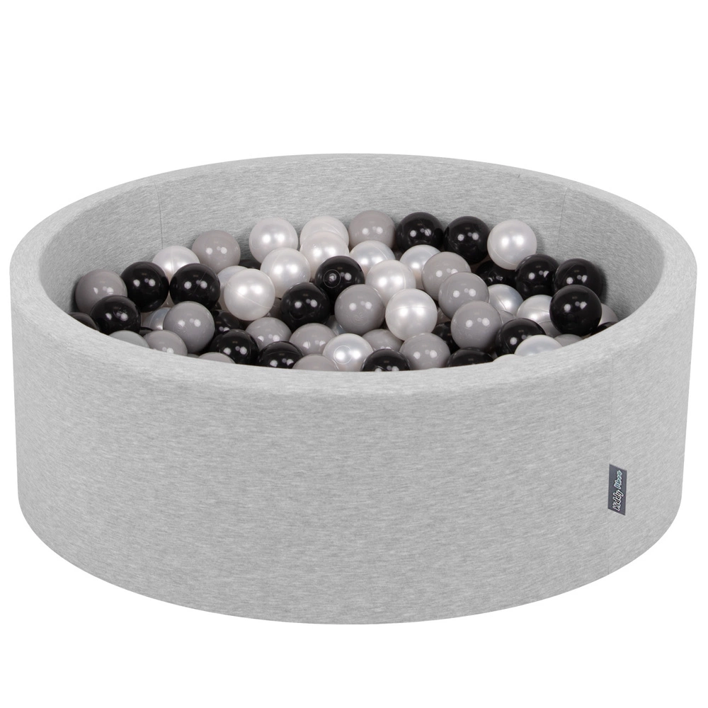 KiddyMoon Baby Foam Ball Pit with Balls ∅ 7cm / 2.75in Made in EU, light grey:black/grey/pearl, 90x30cm/200 balls