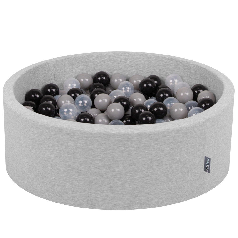 KiddyMoon Baby Foam Ball Pit with Balls ∅ 7cm / 2.75in Made in EU, light grey:black/grey/transparent, 90x30cm/200 balls