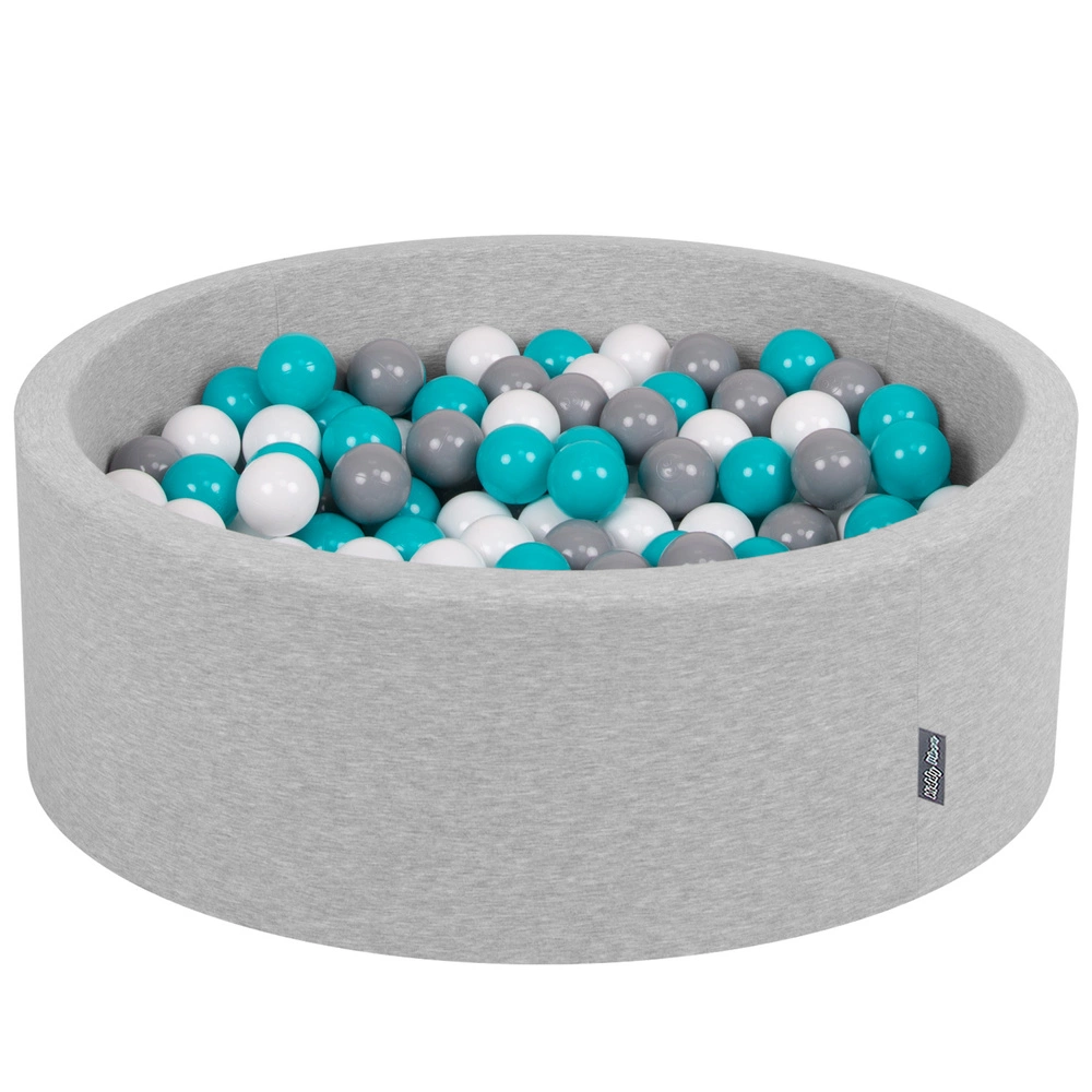 KiddyMoon Baby Foam Ball Pit with Balls ∅ 7cm / 2.75in Made in EU, light grey:grey/white/turquoise, 90x30cm/200 balls