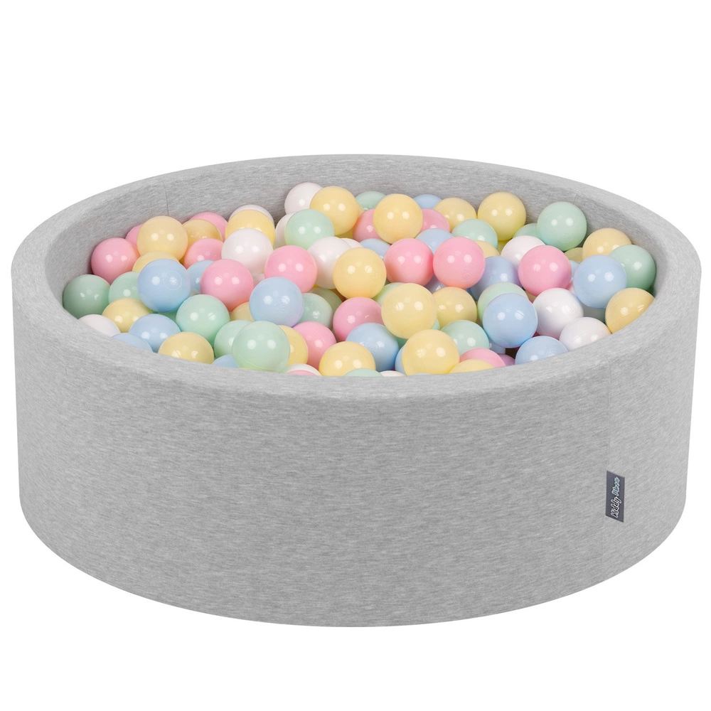 KiddyMoon Baby Foam Ball Pit with Balls ∅ 7cm / 2.75in Made in EU, light grey:pastel blue/pastel yellow/white/mint/light pink, 90x30cm/200 balls