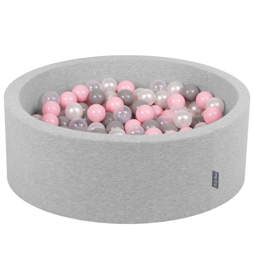 KiddyMoon Baby Foam Ball Pit with Balls ∅ 7cm / 2.75in Made in EU, light grey:pearl/grey/transparent/light pink, 90x30cm/200 balls
