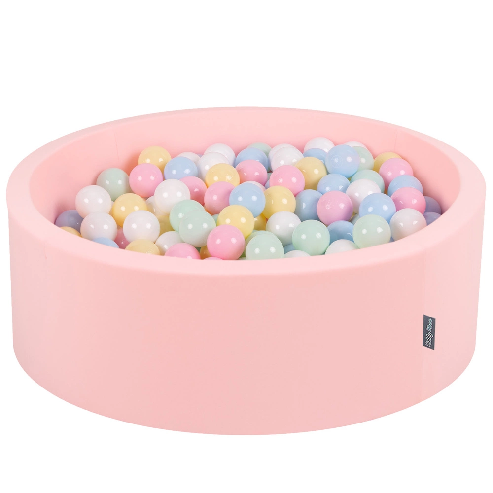 KiddyMoon Baby Foam Ball Pit with Balls ∅ 7cm / 2.75in Made in EU, pink:pastel blue/pastel yellow/white/mint/light pink, 90x30cm/200 balls