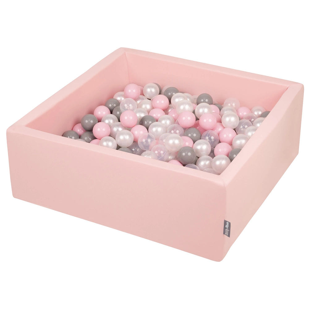 KiddyMoon Baby Foam Ball Pit with Balls ∅ 7cm / 2.75in Square Made in EU, pink:pearl/grey/transparent/powderpink, 90x30cm/300 balls