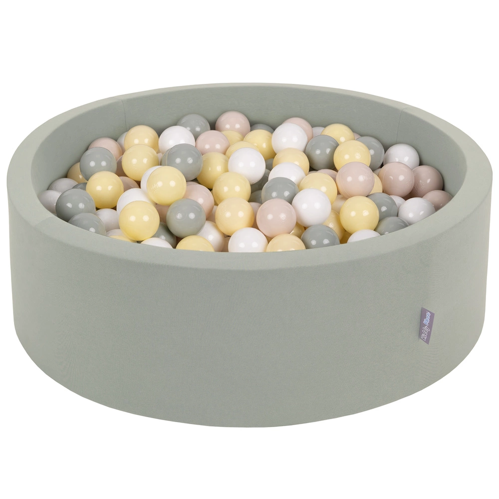 KiddyMoon Baby Foam Ball Pit with Balls ∅ 7cm / 2.75in, sage: pastel beige/green-grey/pastel yellow/white, 90x30cm/200 balls