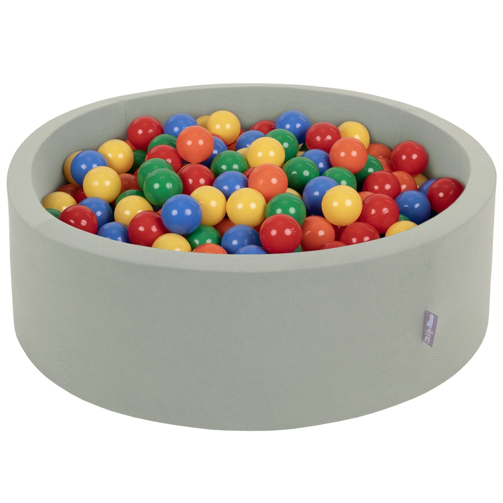 KiddyMoon Baby Foam Ball Pit with Balls ∅ 7cm / 2.75in, sage: yellow/green/blue/red/orange, 90x30cm/200 balls
