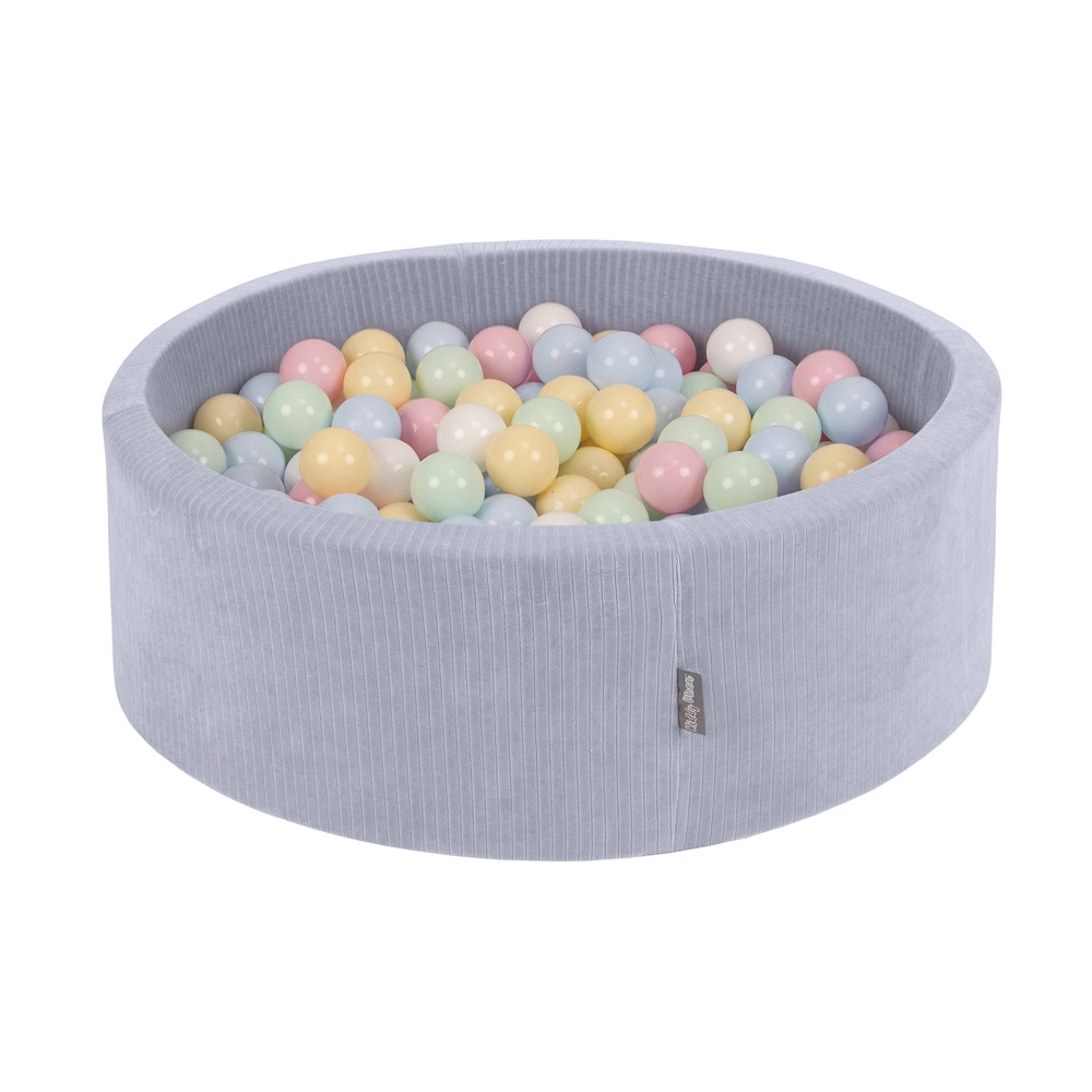 KiddyMoon Foam Ball Pit For Kids Round 90x30cm Baby Soft & Safe Toy, dark grey: pastel blue/pastel yellow/white/mint/powder pink, 90x30cm/200 balls