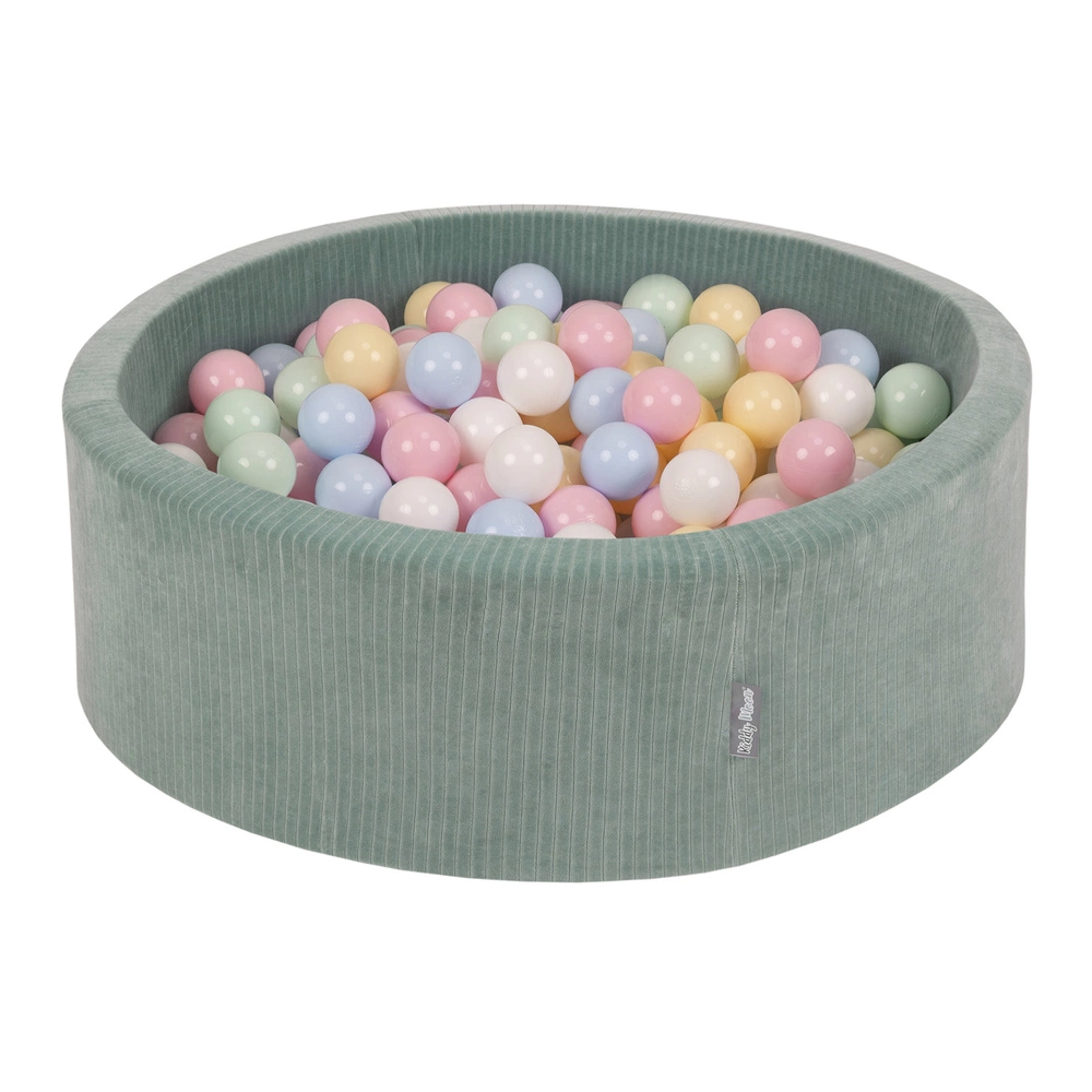 KiddyMoon Foam Ball Pit For Kids Round 90x30cm Baby Soft & Safe Toy, green: pastel blue/pastel yellow/white/mint/powder pink, 90x30cm/300 balls