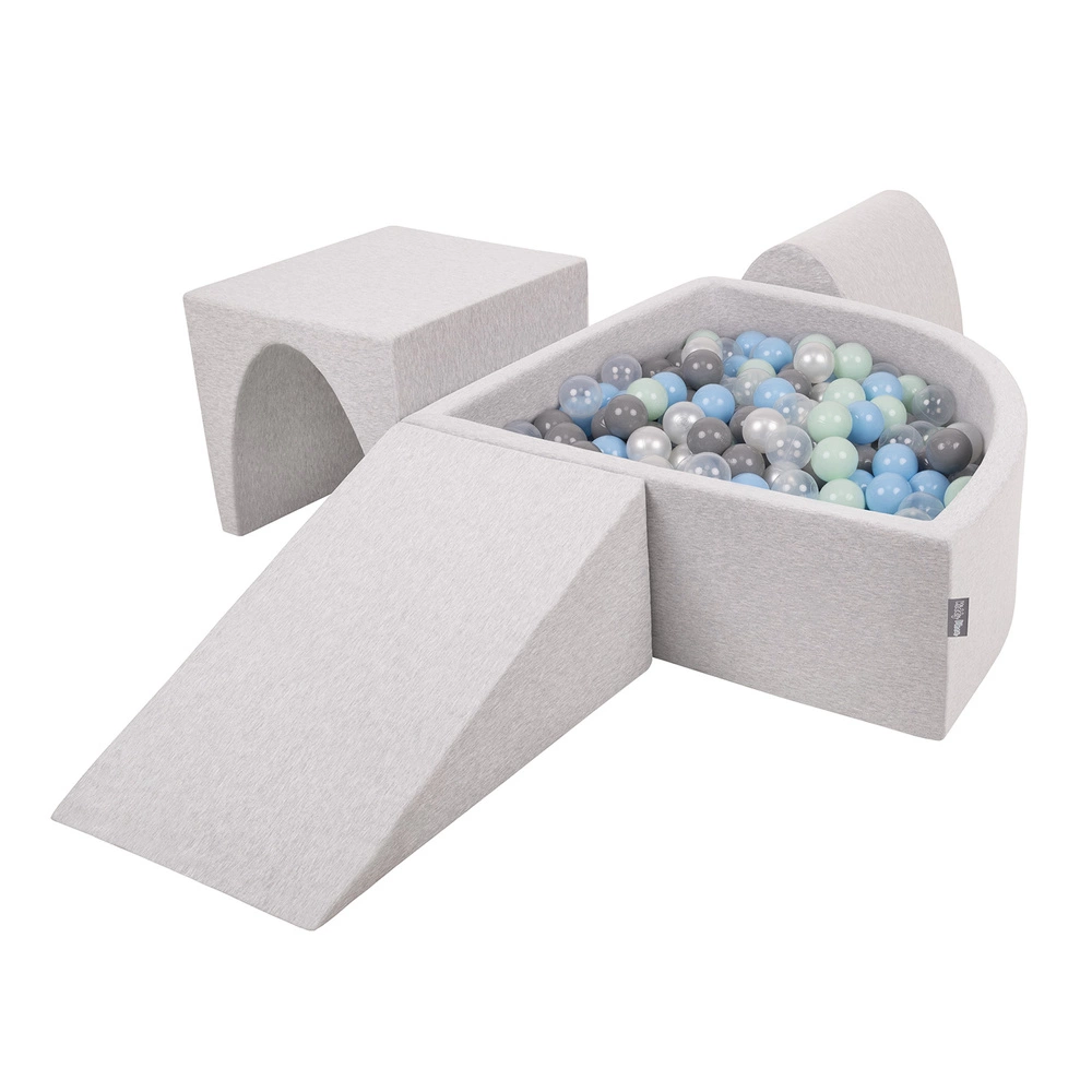 KiddyMoon Foam Playground for Kids with Quarter Angular Ballpit and Balls, lightgrey:pearl/grey/transparent/babyblue/mint, Ballpit (200 Balls) + Version 2
