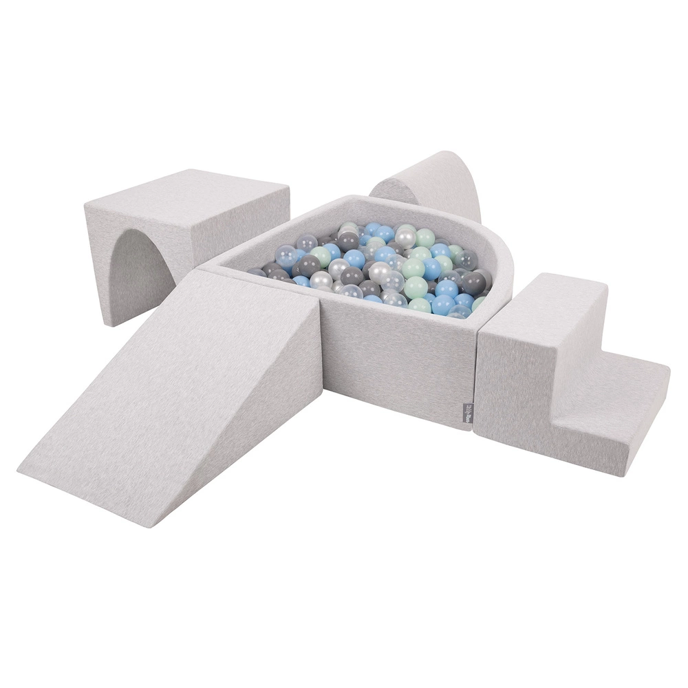 KiddyMoon Foam Playground for Kids with Quarter Angular Ballpit and Balls, lightgrey:pearl/grey/transparent/babyblue/mint, Ballpit (200 Balls) + Version 3