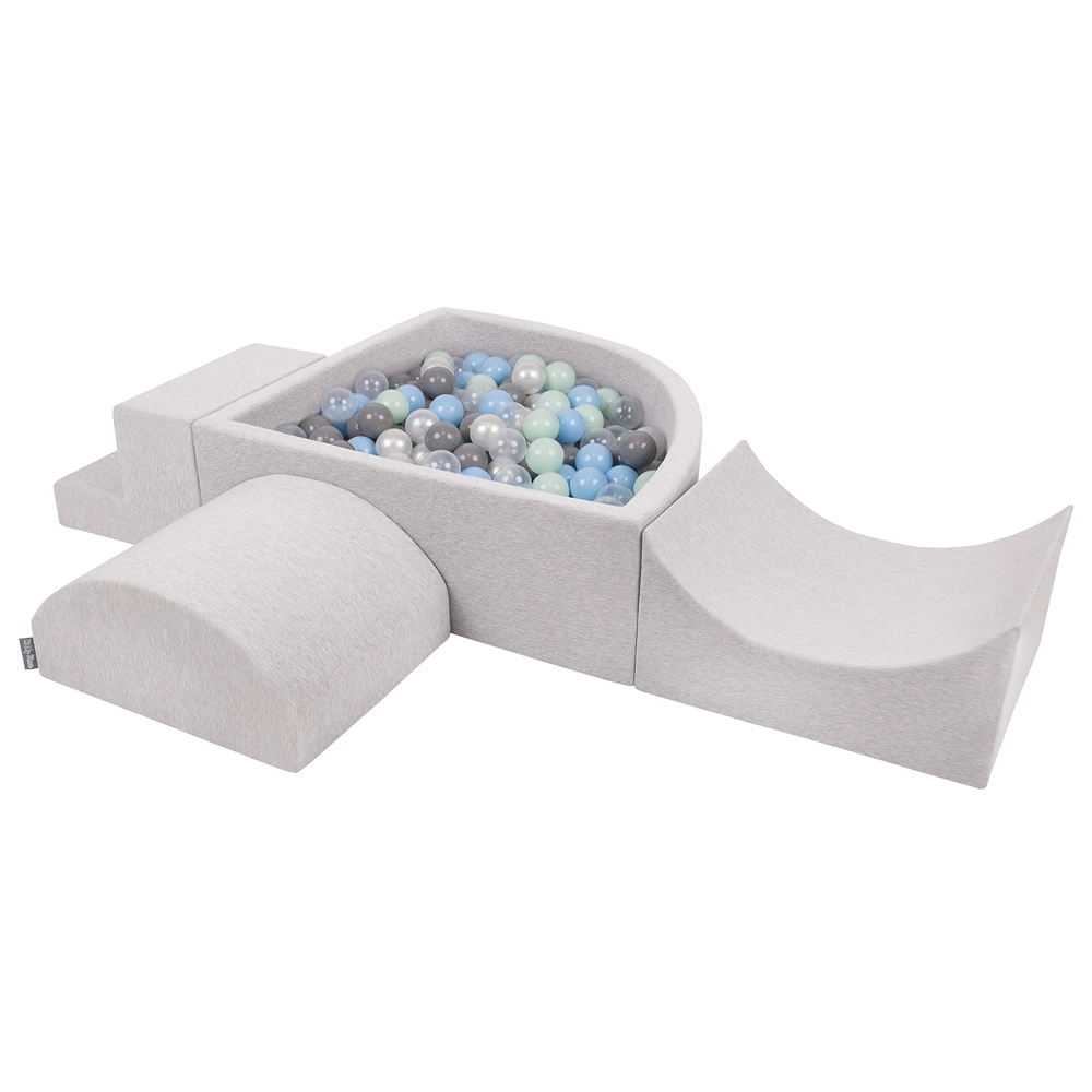 KiddyMoon Foam Playground for Kids with Quarter Angular Ballpit and Balls, lightgrey:pearl/grey/transparent/babyblue/mint, Ballpit (200 Balls) + Version 6
