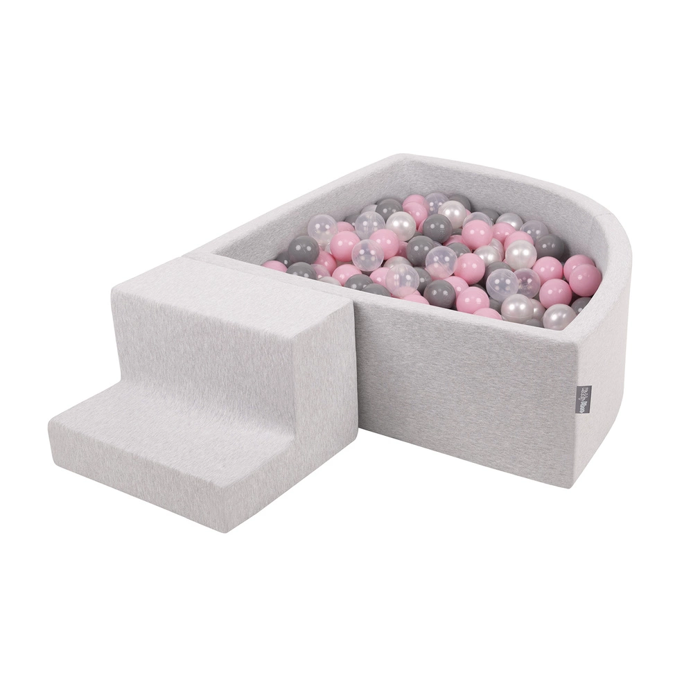 KiddyMoon Foam Playground for Kids with Quarter Angular Ballpit and Balls, lightgrey:pearl/grey/transparent/powderpink, Ballpit (100 Balls) + Steps