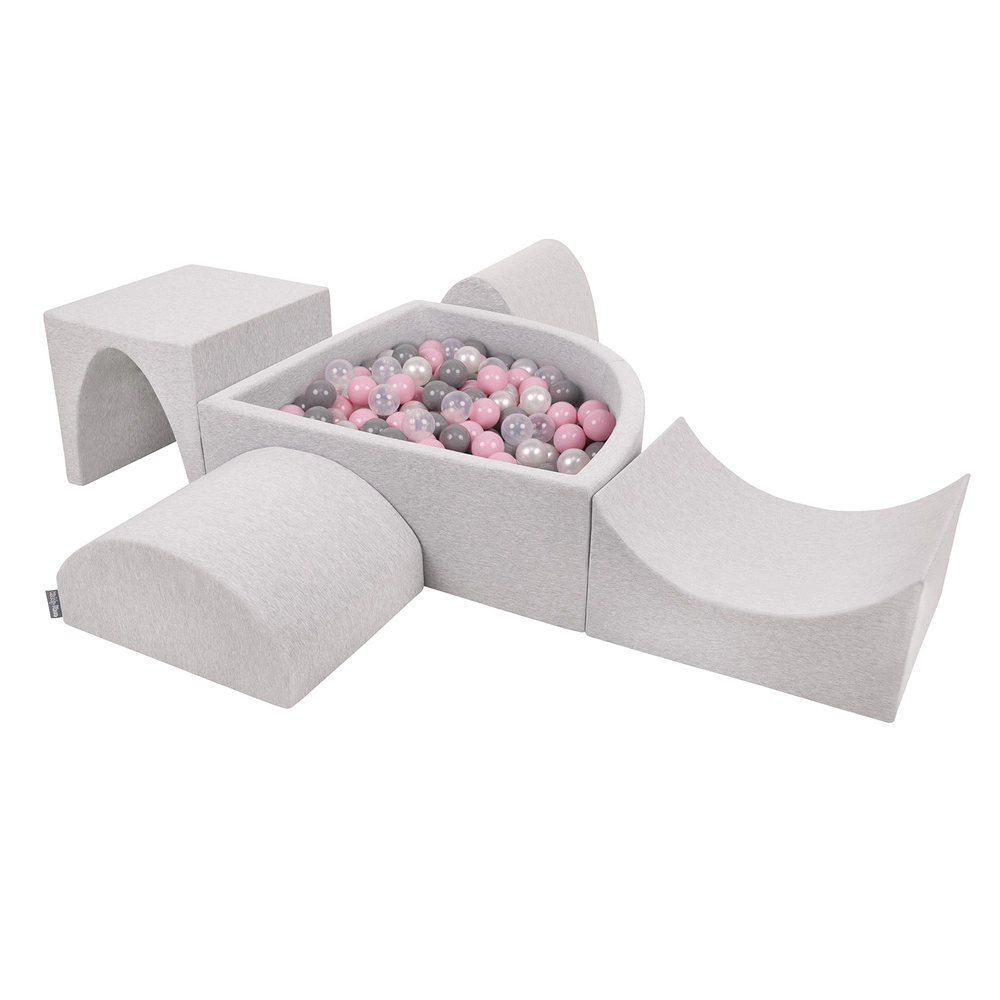 KiddyMoon Foam Playground for Kids with Quarter Angular Ballpit and Balls, lightgrey:pearl/grey/transparent/powderpink, Ballpit (200 Balls) + Version 1