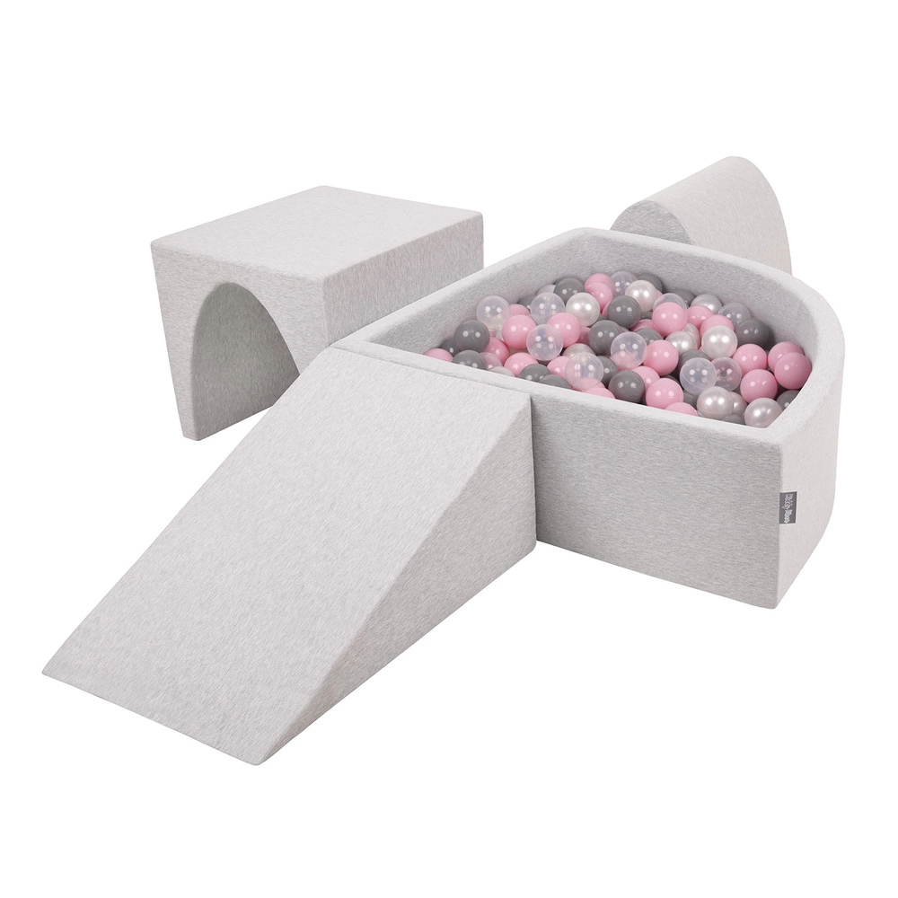KiddyMoon Foam Playground for Kids with Quarter Angular Ballpit and Balls, lightgrey:pearl/grey/transparent/powderpink, Ballpit (200 Balls) + Version 2