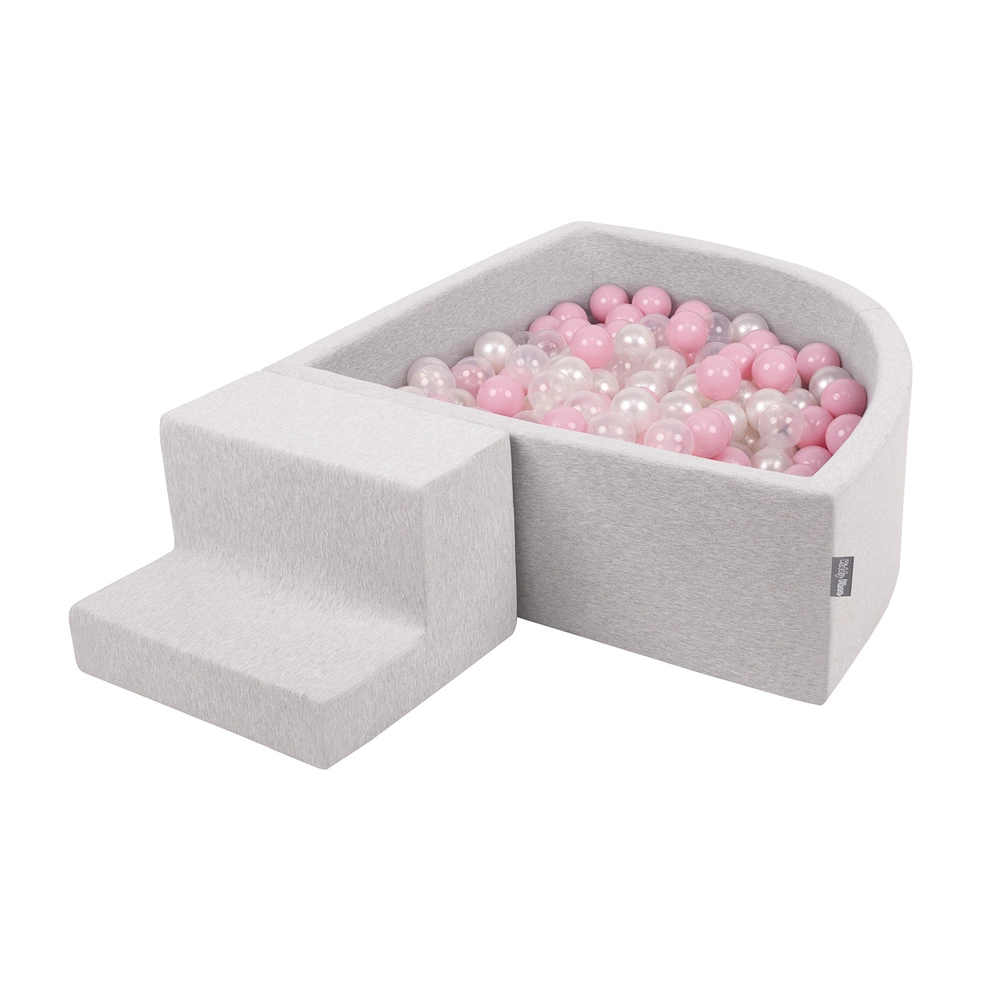 KiddyMoon Foam Playground for Kids with Quarter Angular Ballpit and Balls, lightgrey:powderpink/pearl/transparent, Ballpit (100 Balls) + Steps