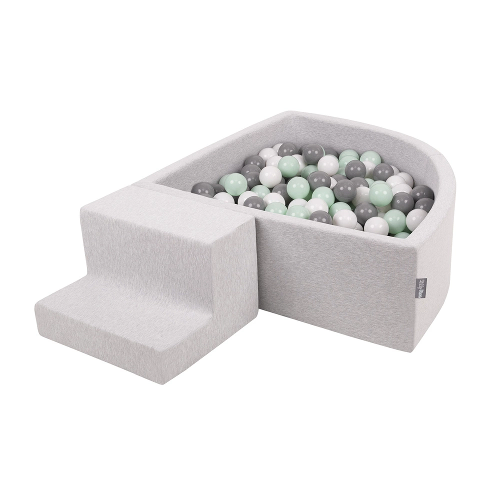 KiddyMoon Foam Playground for Kids with Quarter Angular Ballpit and Balls, lightgrey:white/grey/mint, Ballpit (100 Balls) + Steps