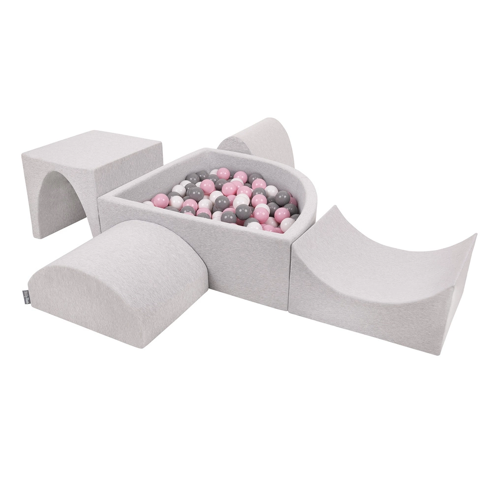 KiddyMoon Foam Playground for Kids with Quarter Angular Ballpit and Balls, lightgrey:white/grey/powderpink, Ballpit (200 Balls) + Version 1
