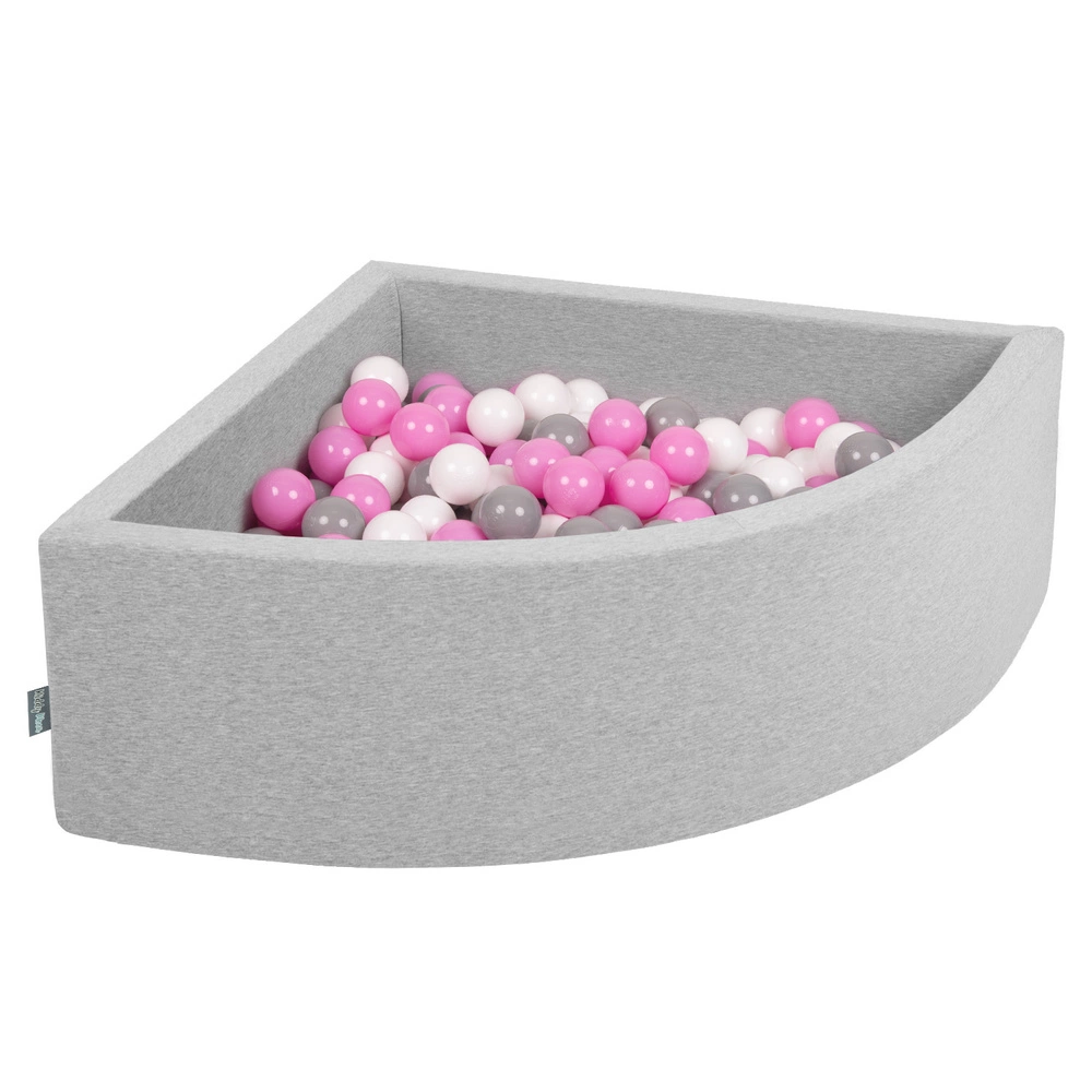 KiddyMoon Soft Ball Pit Quarter Angular ∅ 7cm / 2.75In for Kids, Foam Ball Pool Baby Playballs, Made In The EU, light grey:grey/white/pink, 90x30cm/200 balls