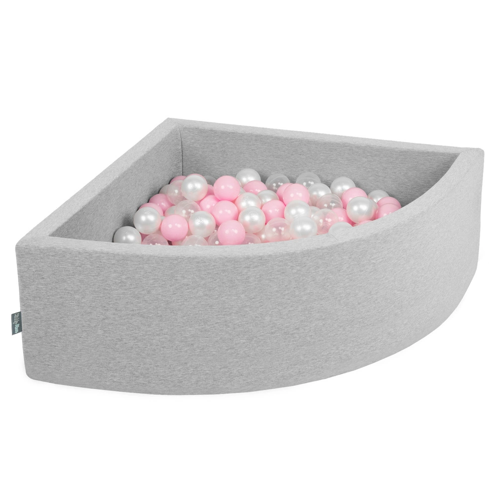 KiddyMoon Soft Ball Pit Quarter Angular ∅ 7cm / 2.75In for Kids, Foam Ball Pool Baby Playballs, Made In The EU, light grey:light pink/pearl/transparent, 90x30cm/200 balls