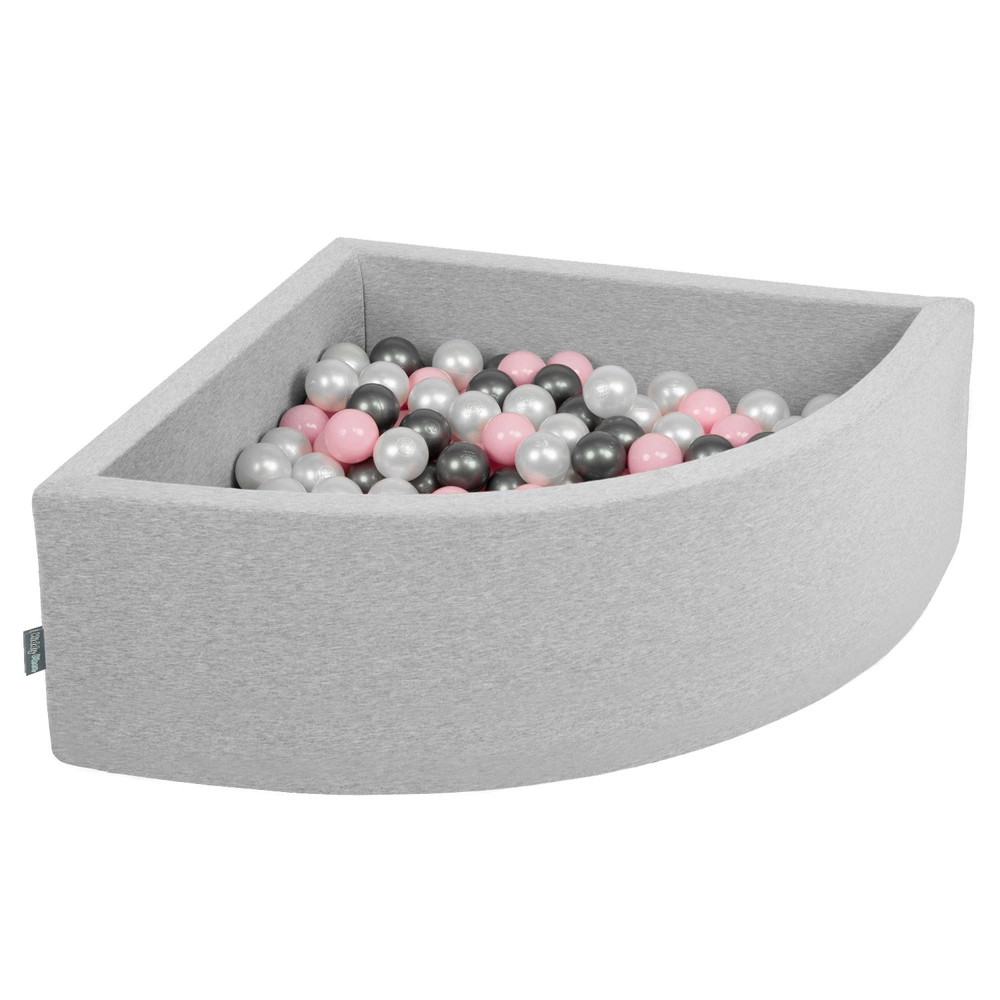 KiddyMoon Soft Ball Pit Quarter Angular ∅ 7cm / 2.75In for Kids, Foam Ball Pool Baby Playballs, Made In The EU, light grey:pearl/powderpink/silver, 90x30cm/200 balls