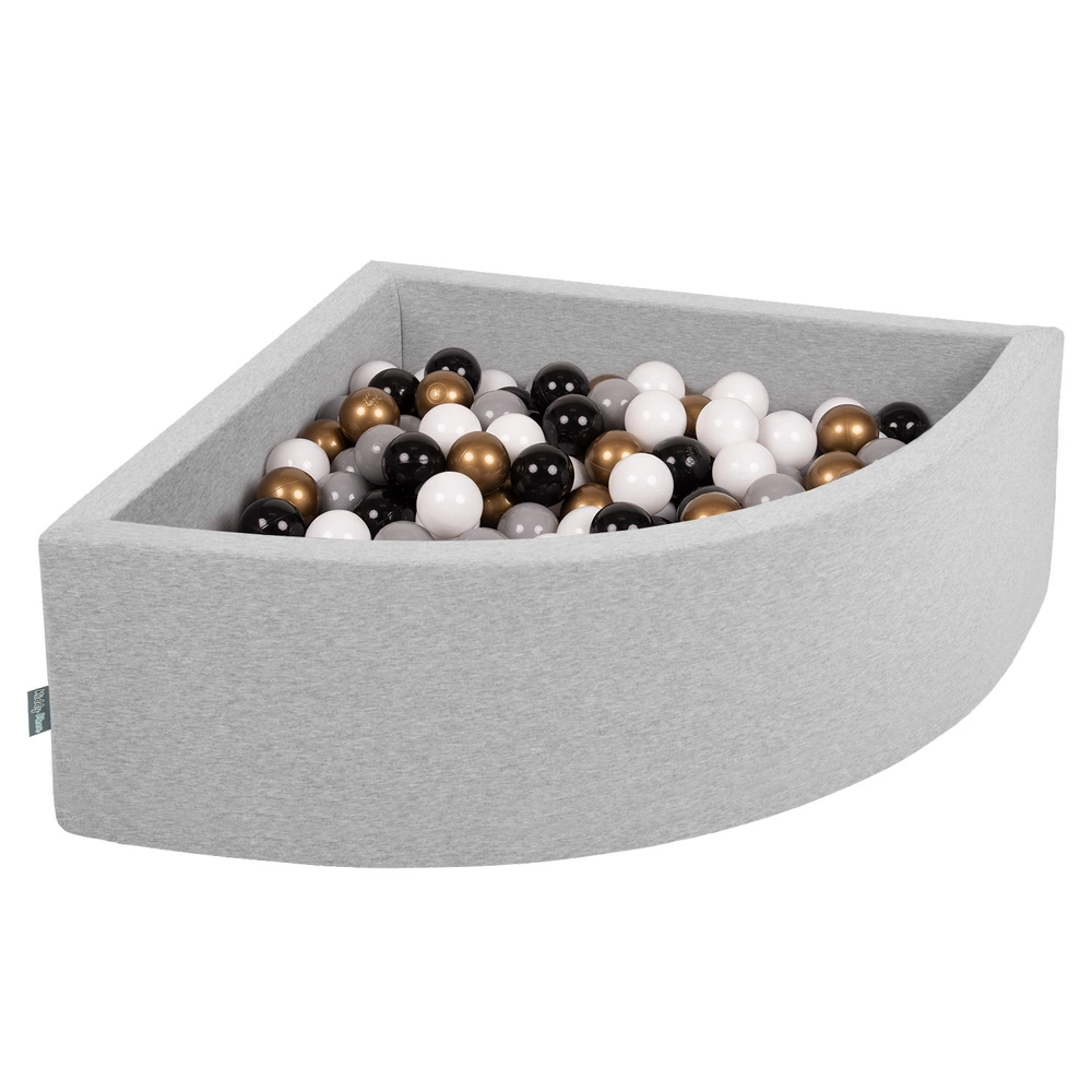 KiddyMoon Soft Ball Pit Quarter Angular ∅ 7cm / 2.75In for Kids, Foam Ball Pool Baby Playballs, Made In The EU, light grey:white/grey/black/gold, 90x30cm/300 balls