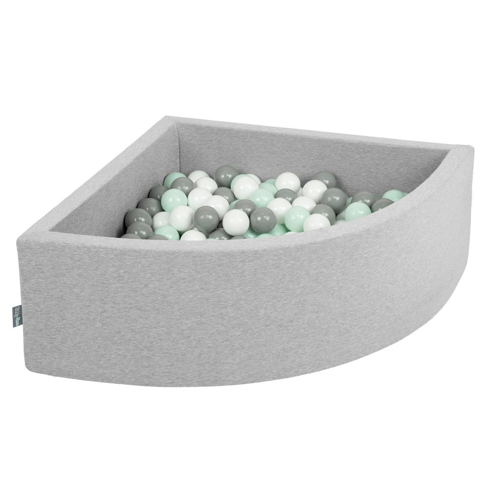 KiddyMoon Soft Ball Pit Quarter Angular ∅ 7cm / 2.75In for Kids, Foam Ball Pool Baby Playballs, Made In The EU, light grey:white/grey/mint, 90x30cm/200 balls