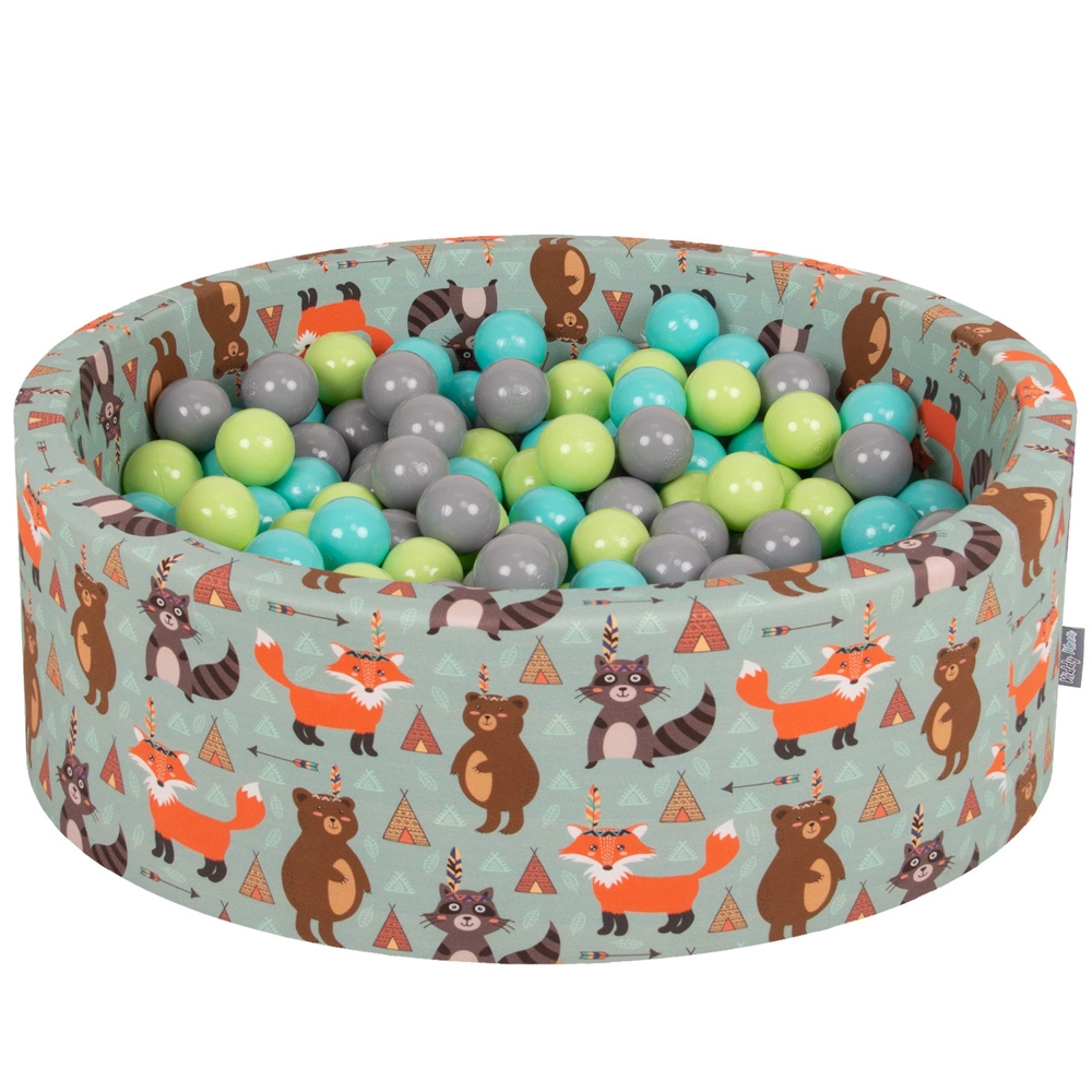 KiddyMoon Soft Ball Pit Round ∅ 7Cm / 2.75In For Kids, Foam Ball Pool Baby Playballs Children, Made In The EU, fox-green:light green/light turquoise/grey, 90x30cm/200 balls
