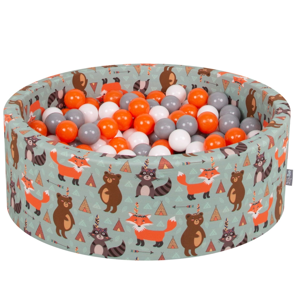 KiddyMoon Soft Ball Pit Round ∅ 7Cm / 2.75In For Kids, Foam Ball Pool Baby Playballs Children, Made In The EU, fox-green:orange/grey/white, 90x30cm/200 balls