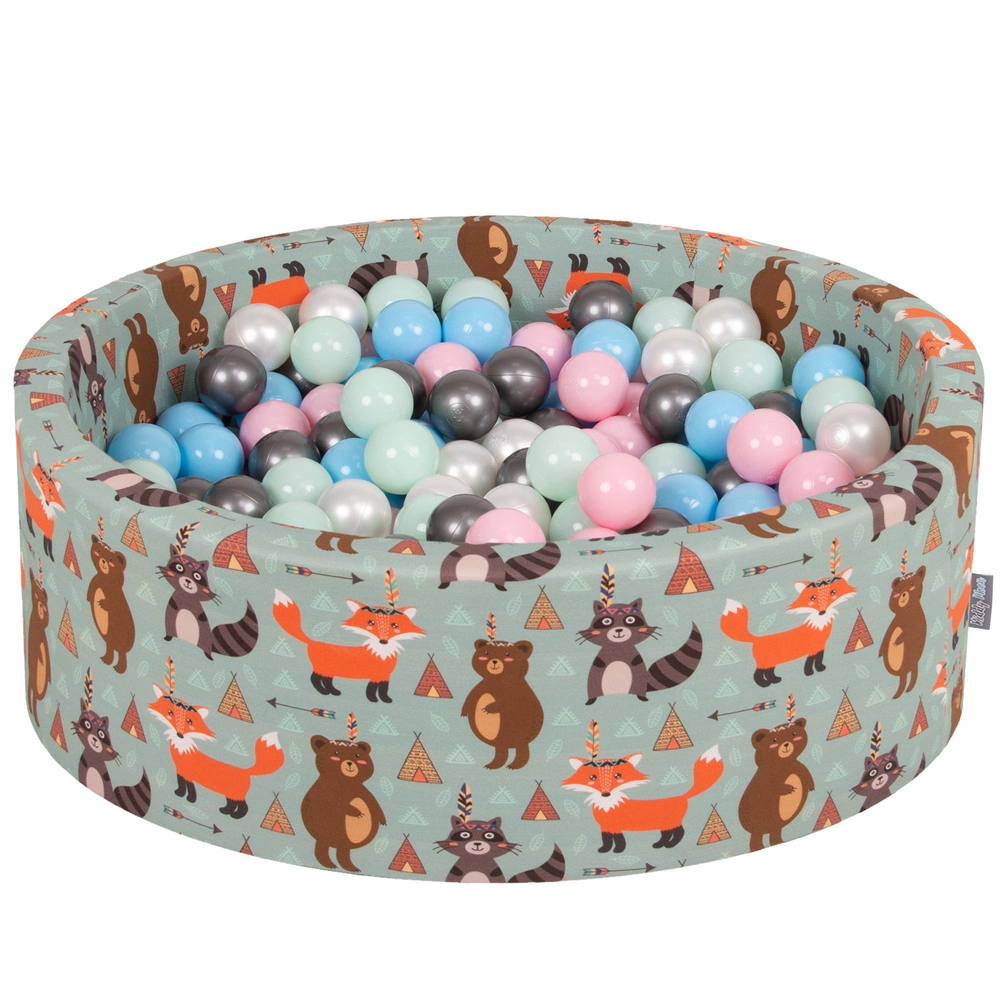 KiddyMoon Soft Ball Pit Round ∅ 7Cm / 2.75In For Kids, Foam Ball Pool Baby Playballs Children, Made In The EU, fox-green:pearl/powder pink/babyblue/mint/silver, 90x30cm/200 balls