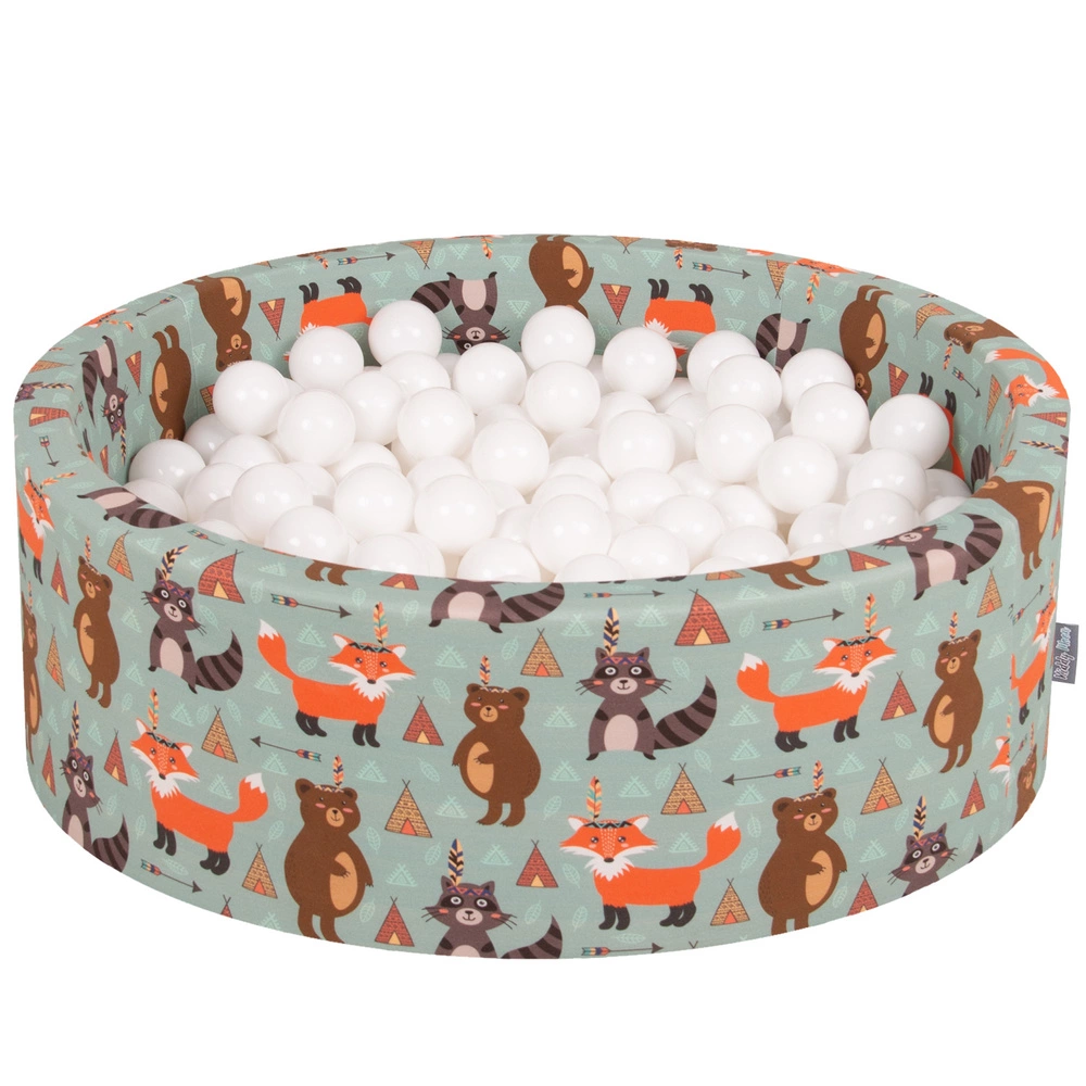 KiddyMoon Soft Ball Pit Round ∅ 7Cm / 2.75In For Kids, Foam Ball Pool Baby Playballs Children, Made In The EU, fox-green:white, 90x30cm/200 balls