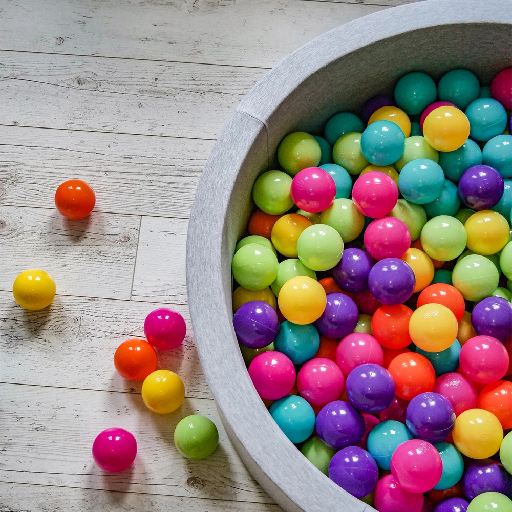 KiddyMoon Soft Ball Pit Round ∅ 7Cm / 2.75In For Kids, Foam Ball Pool Baby Playballs Children, Made In The EU, lgrey:lgreen-yelow-turquoise-orange-dpink-purple, 120x30cm/200 balls