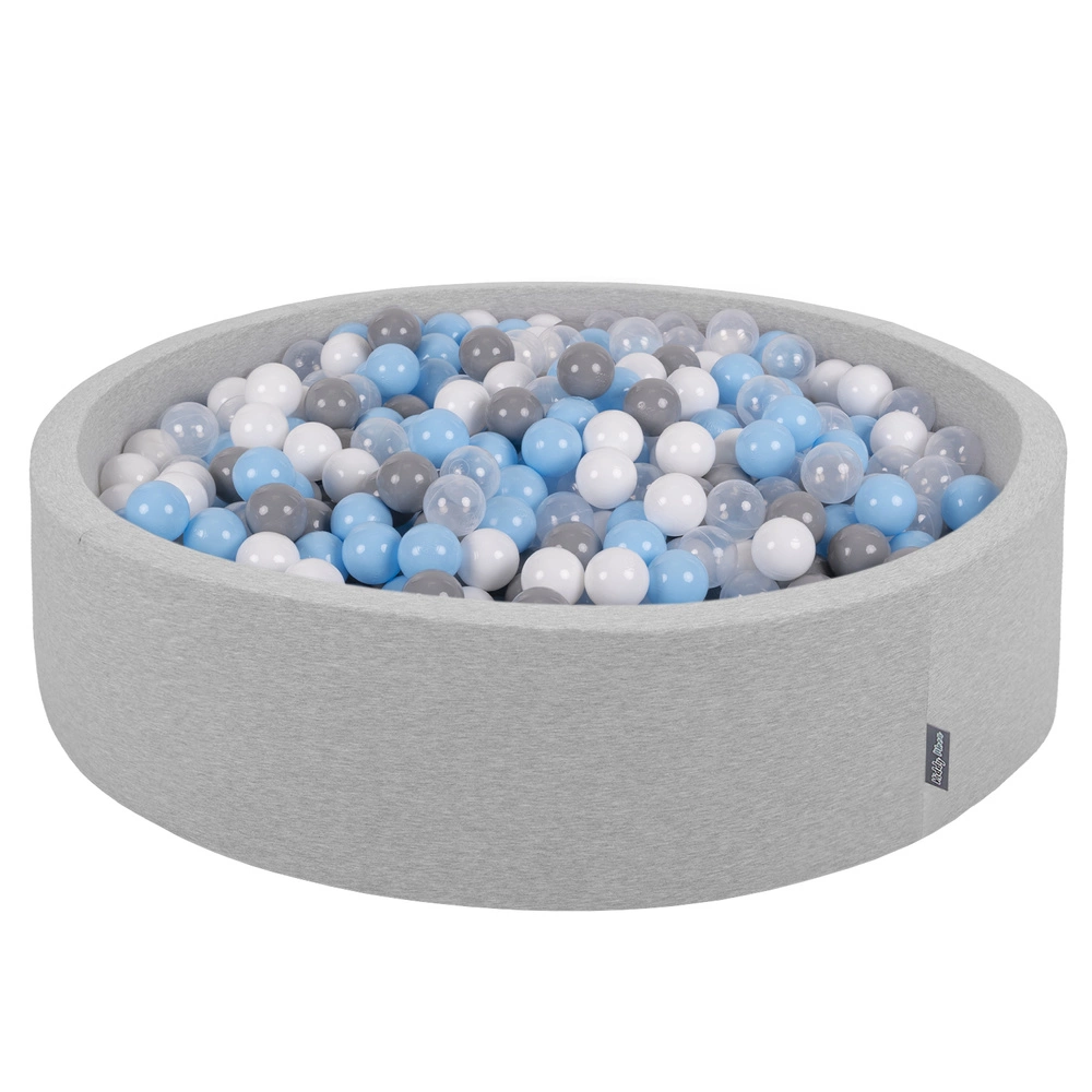 KiddyMoon Soft Ball Pit Round ∅ 7Cm / 2.75In For Kids, Foam Ball Pool Baby Playballs Children, Made In The EU, light grey:grey/white/transparent/babyblue, 120x30cm/200 balls
