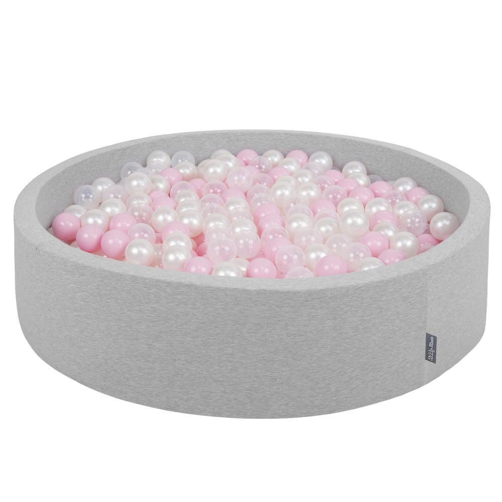 KiddyMoon Soft Ball Pit Round ∅ 7Cm / 2.75In For Kids, Foam Ball Pool Baby Playballs Children, Made In The EU, light grey:powder pink-pearl-transparent, 120x30cm/200 balls