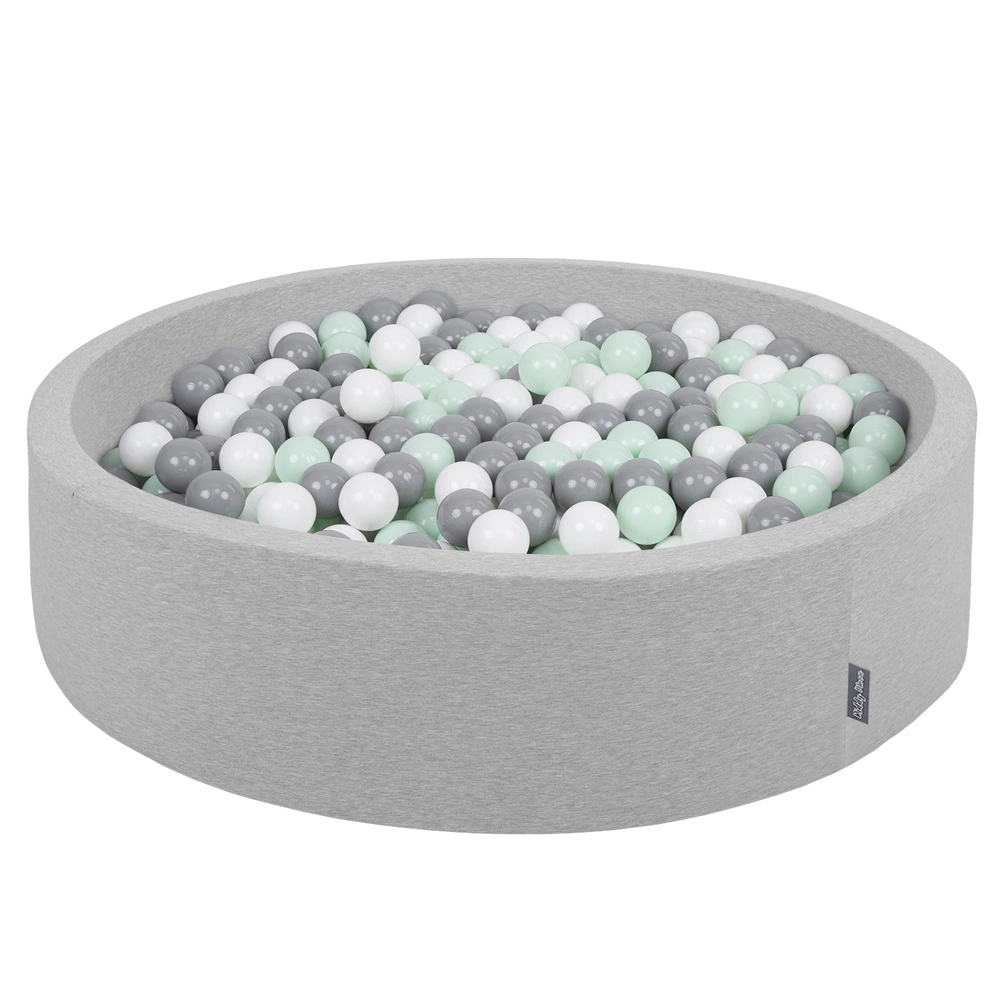 KiddyMoon Soft Ball Pit Round ∅ 7Cm / 2.75In For Kids, Foam Ball Pool Baby Playballs Children, Made In The EU, light grey:white-grey-mint, 120x30cm/600 balls
