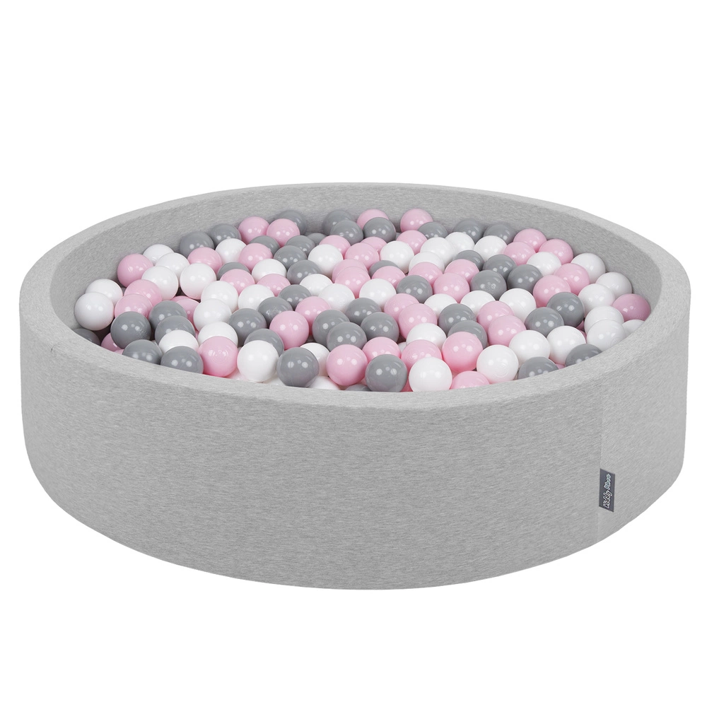 KiddyMoon Soft Ball Pit Round ∅ 7Cm / 2.75In For Kids, Foam Ball Pool Baby Playballs Children, Made In The EU, light grey:white-grey-powderpink, 120x30cm/200 balls