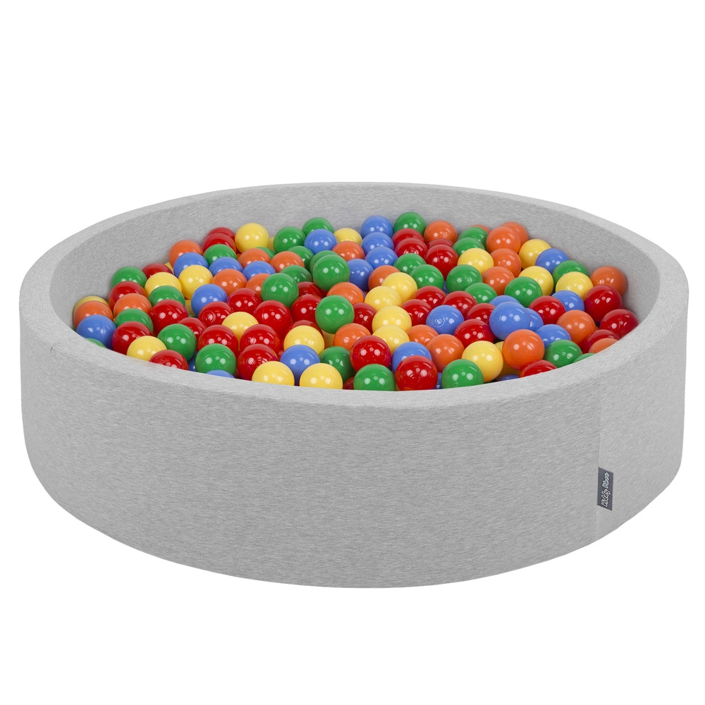 KiddyMoon Soft Ball Pit Round ∅ 7Cm / 2.75In For Kids, Foam Ball Pool Baby Playballs Children, Made In The EU, light grey:yellow-green-blue-red-orange, 120x30cm/200 balls