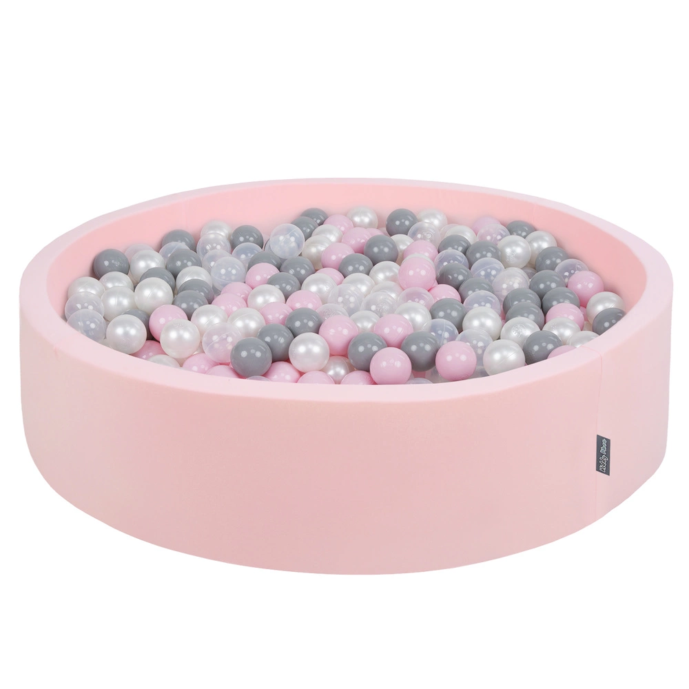 KiddyMoon Soft Ball Pit Round ∅ 7Cm / 2.75In For Kids, Foam Ball Pool Baby Playballs Children, Made In The EU, pink:pearl-grey-transparent-powder pink, 120x30cm/300 balls