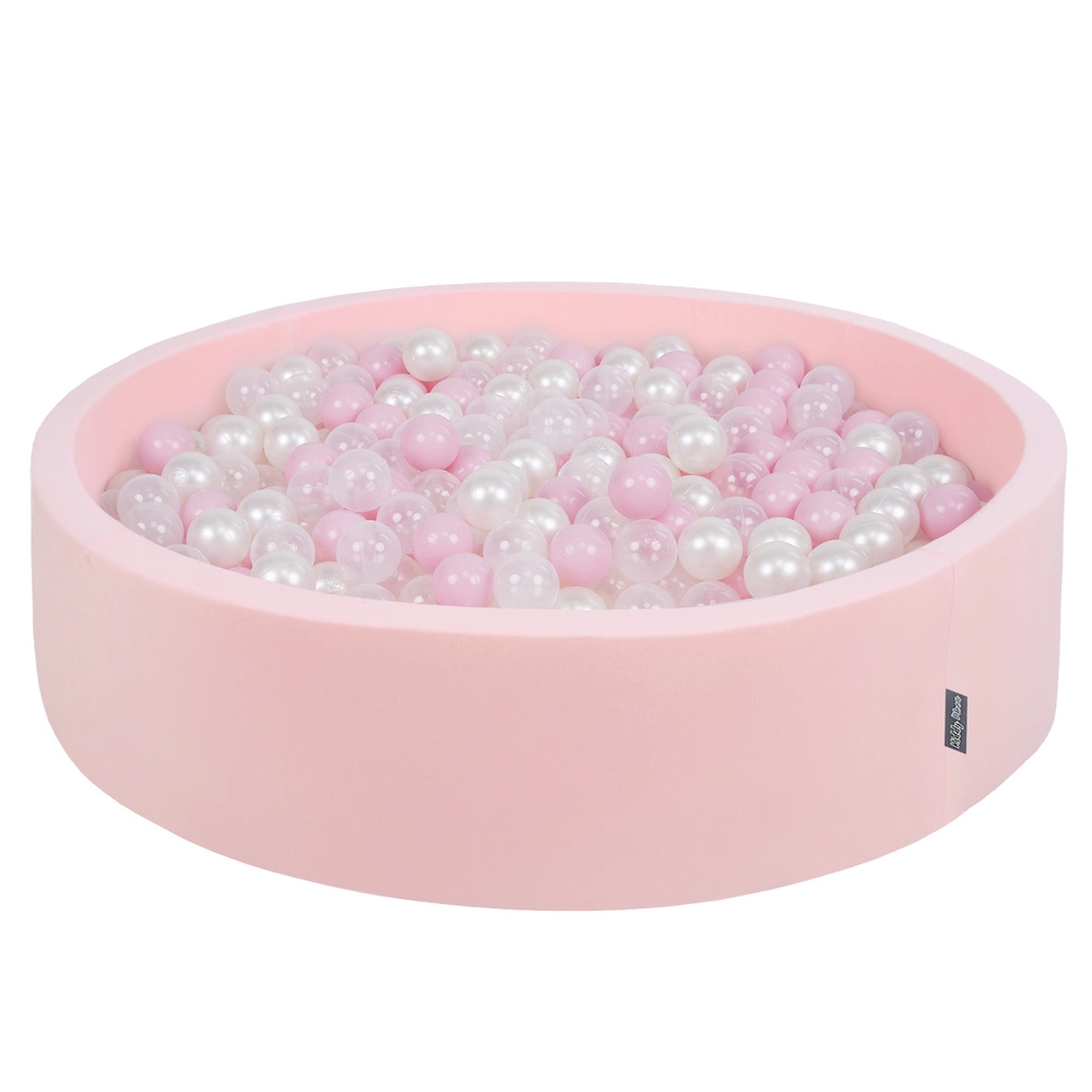 KiddyMoon Soft Ball Pit Round ∅ 7Cm / 2.75In For Kids, Foam Ball Pool Baby Playballs Children, Made In The EU, pink:powder pink-pearl-transparent, 120x30cm/300 balls