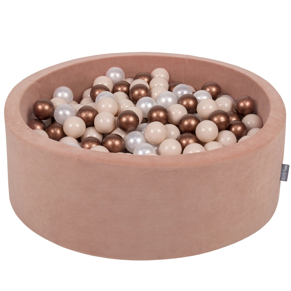 KiddyMoon Soft Ball Pit Round ∅ 7cm / 2.75In for Kids, Foam Velvet Ball Pool Baby Playballs, Made In The EU, desert pink:pastel beige/copper/pearl, 90x30cm/200 balls