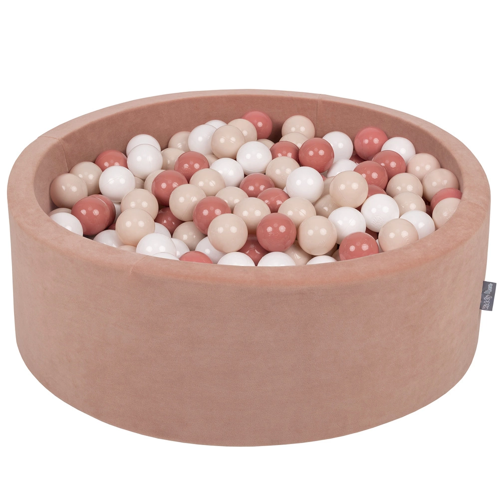KiddyMoon Soft Ball Pit Round ∅ 7cm / 2.75In for Kids, Foam Velvet Ball Pool Baby Playballs, Made In The EU, desert pink:pastel beige/salmon pink/white, 90x30cm/200 balls