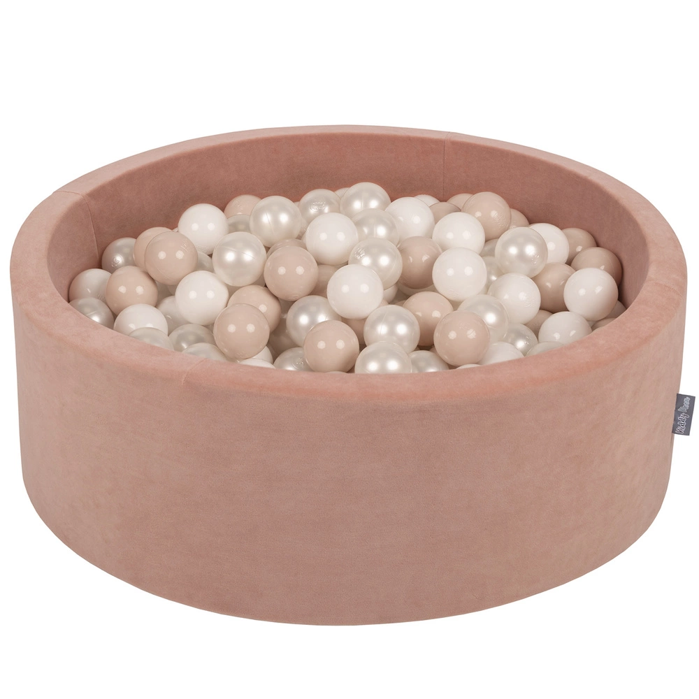 KiddyMoon Soft Ball Pit Round ∅ 7cm / 2.75In for Kids, Foam Velvet Ball Pool Baby Playballs, Made In The EU, desert pink:pastel beige/white/pearl, 90x30cm/200 balls