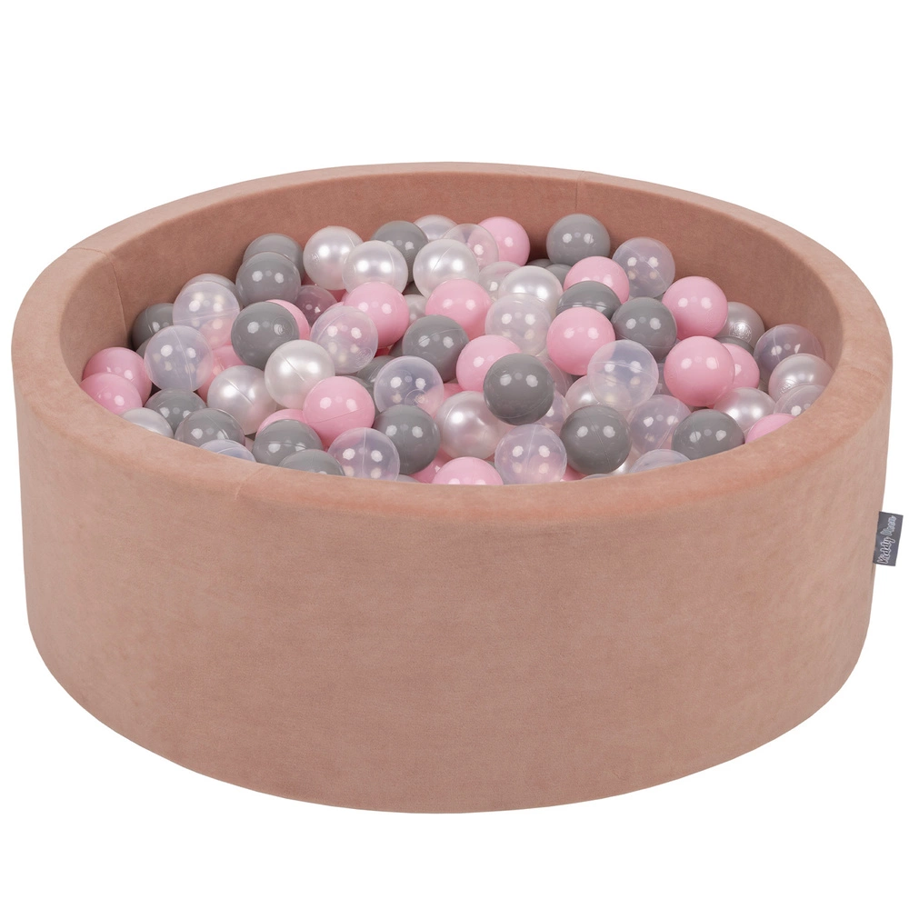 KiddyMoon Soft Ball Pit Round ∅ 7cm / 2.75In for Kids, Foam Velvet Ball Pool Baby Playballs, Made In The EU, desert pink:pearl/grey/transparent/powder pink, 90x30cm/200 balls
